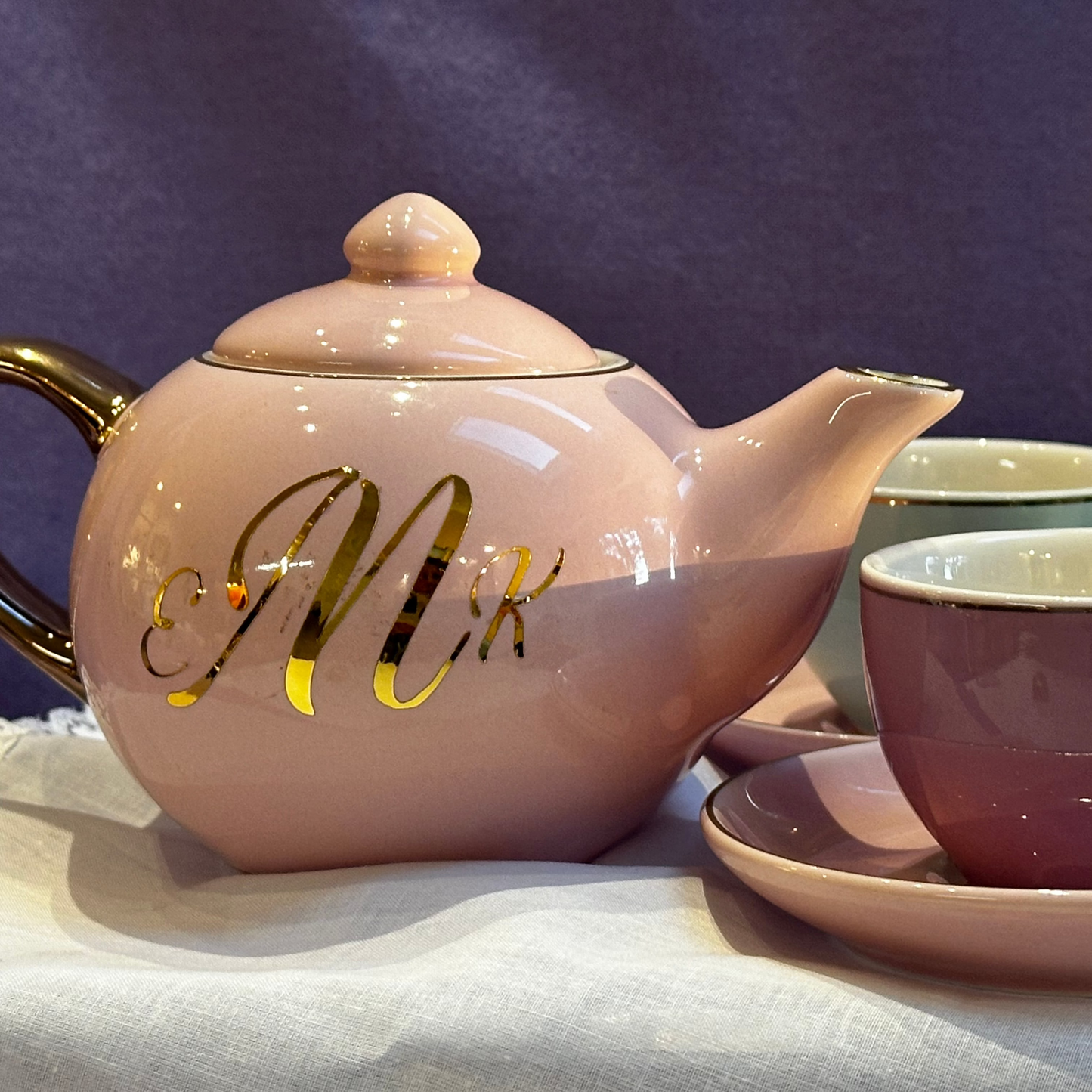 PERSONALIZED! Pastel, Gold Trimmed Hand Glazed Children's Porcelain Tea Set with Keepsake Box