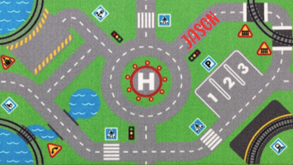 PERSONALIZED!  9 Piece Wooden Car Set with Personalized Race Track Rug HUGE Play Set