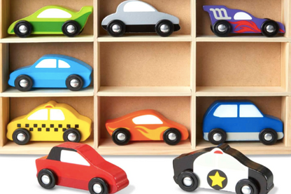 PERSONALIZED!  9 Piece Wooden Car Set with Personalized Race Track Rug HUGE Play Set