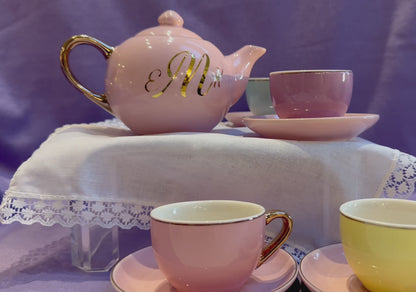 PERSONALIZED! Pastel, Gold Trimmed Hand Glazed Children's Porcelain Tea Set with Keepsake Box